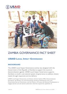 A group of Zambian youth having a conversation in the thumbnail for the Local Impact Governance fact sheet