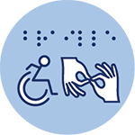  icon symbolizing accessibility showing braille, a wheelchair user, and sign language interpretation